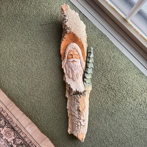 Marty Dolphens Wood Carved Santa Clause Spirit Bark Log 18” Rare Christmas